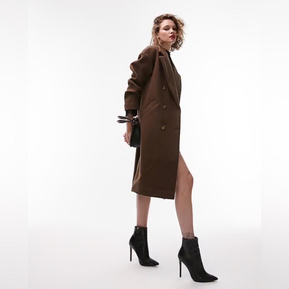 Topshop double breasted long coat in chocolate - Picture 2 of 10